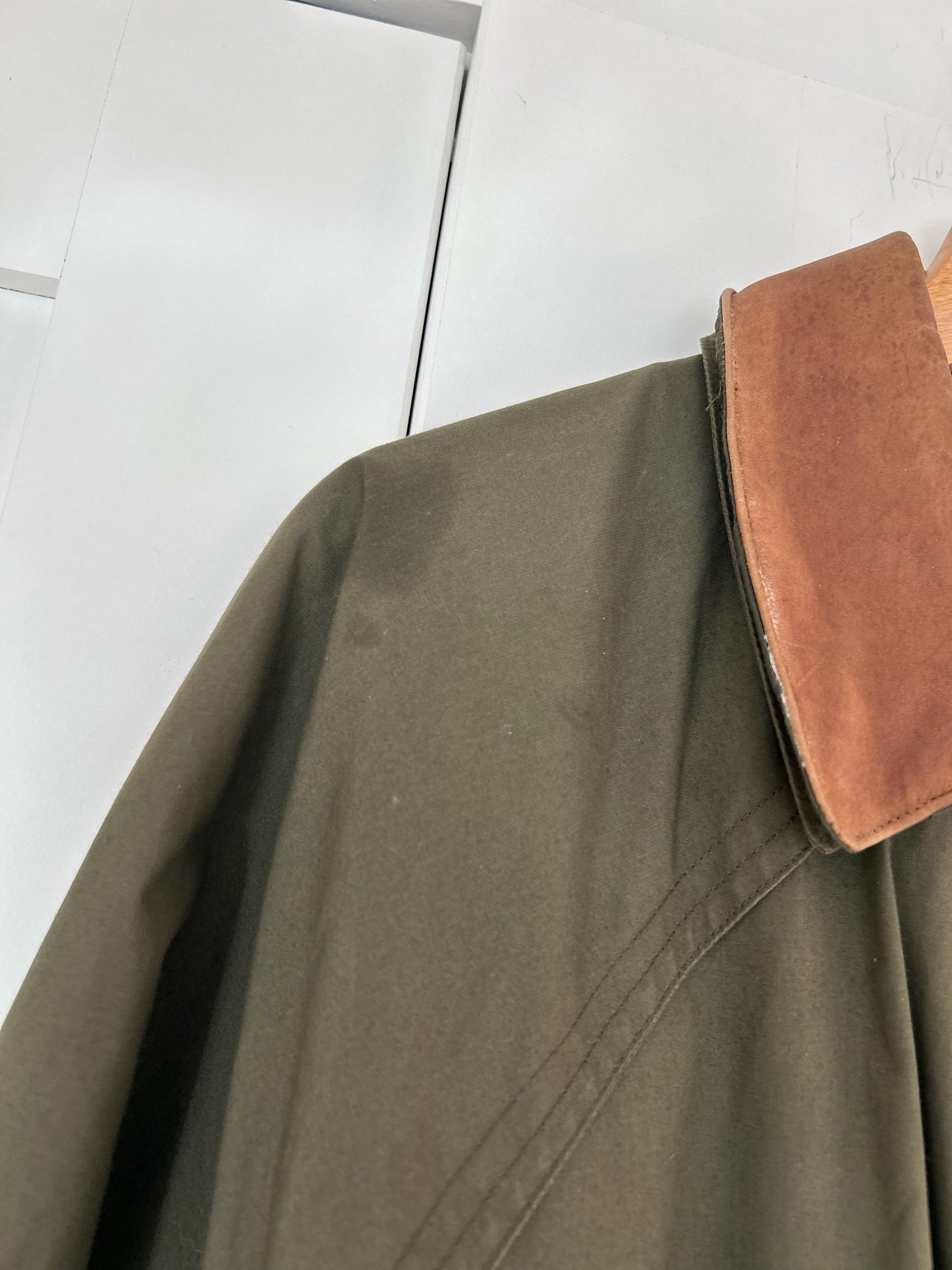 Olive Green Barn Trench Jacket with Removable Brown Leather Collar