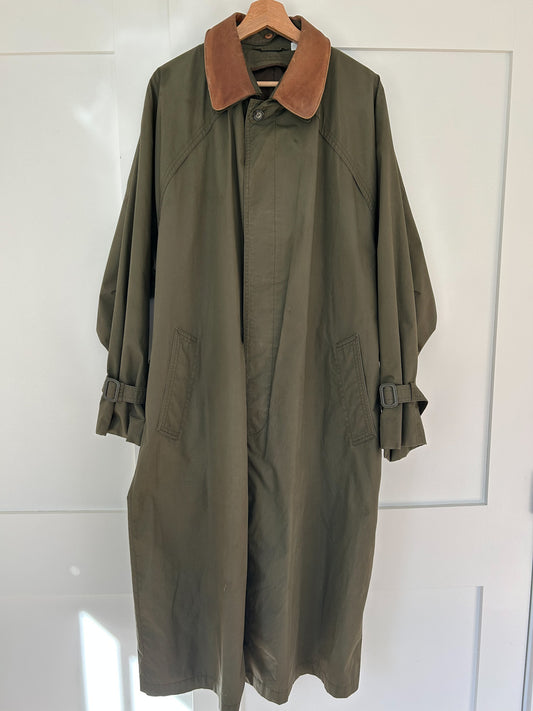 Olive Green Barn Trench Jacket with Removable Brown Leather Collar