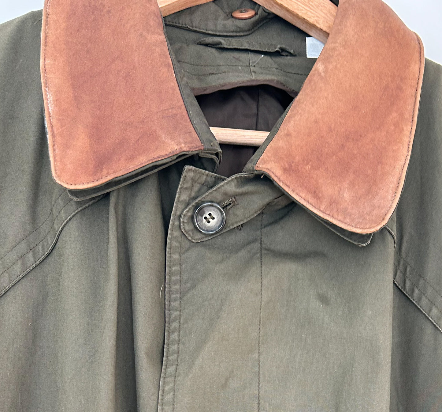 Olive Green Barn Trench Jacket with Removable Brown Leather Collar