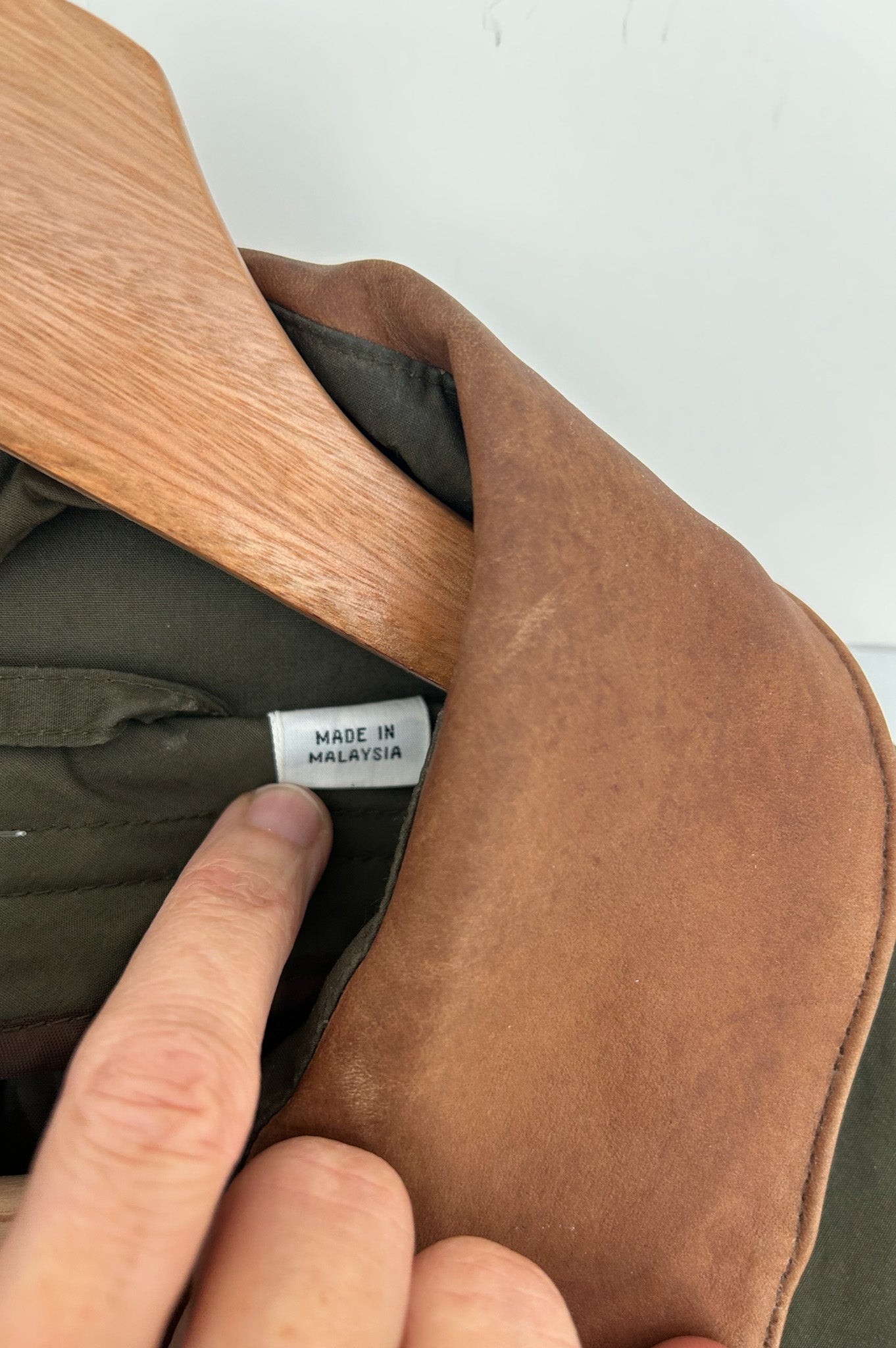 Olive Green Barn Trench Jacket with Removable Brown Leather Collar