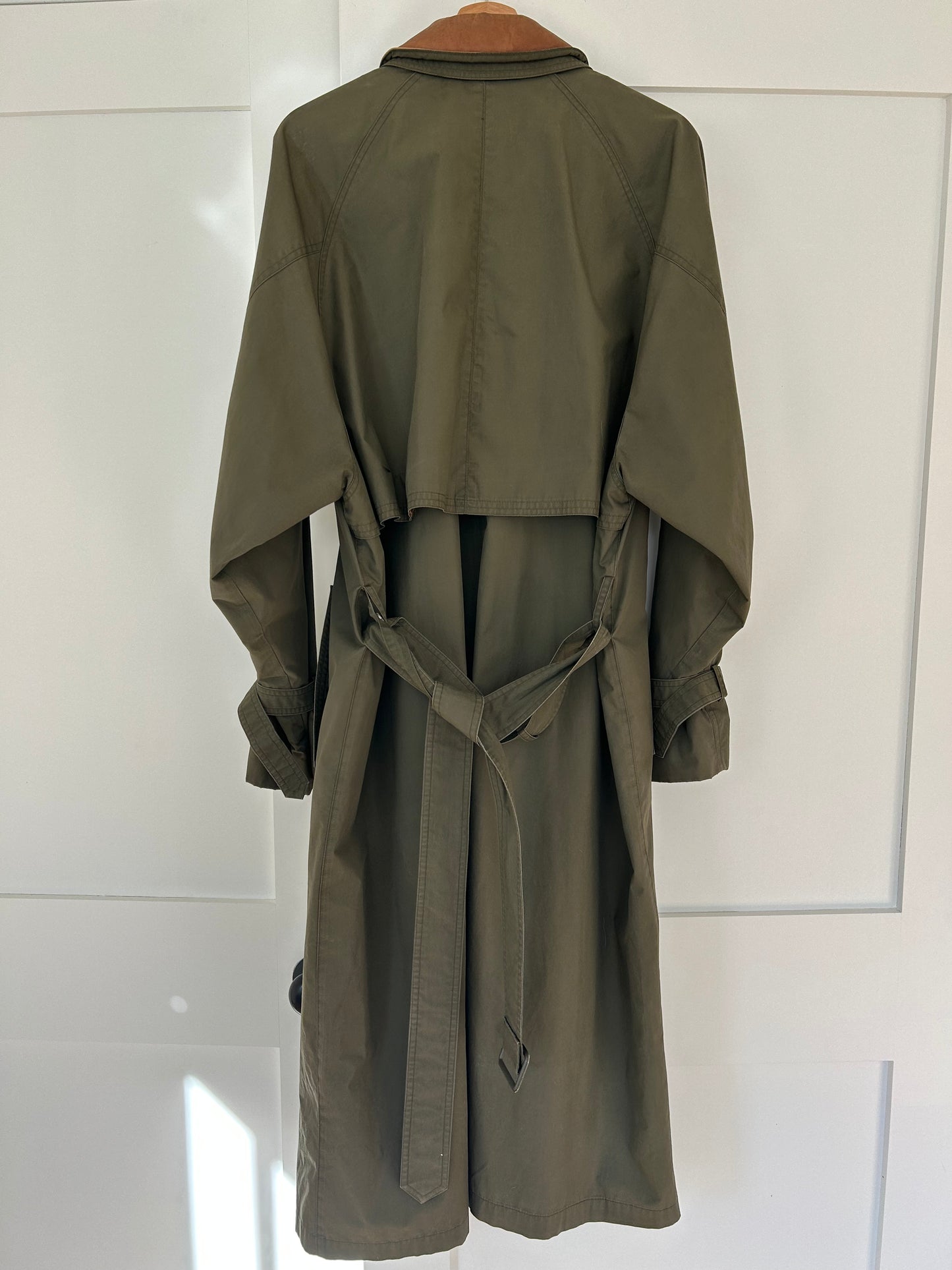 Olive Green Barn Trench Jacket with Removable Brown Leather Collar
