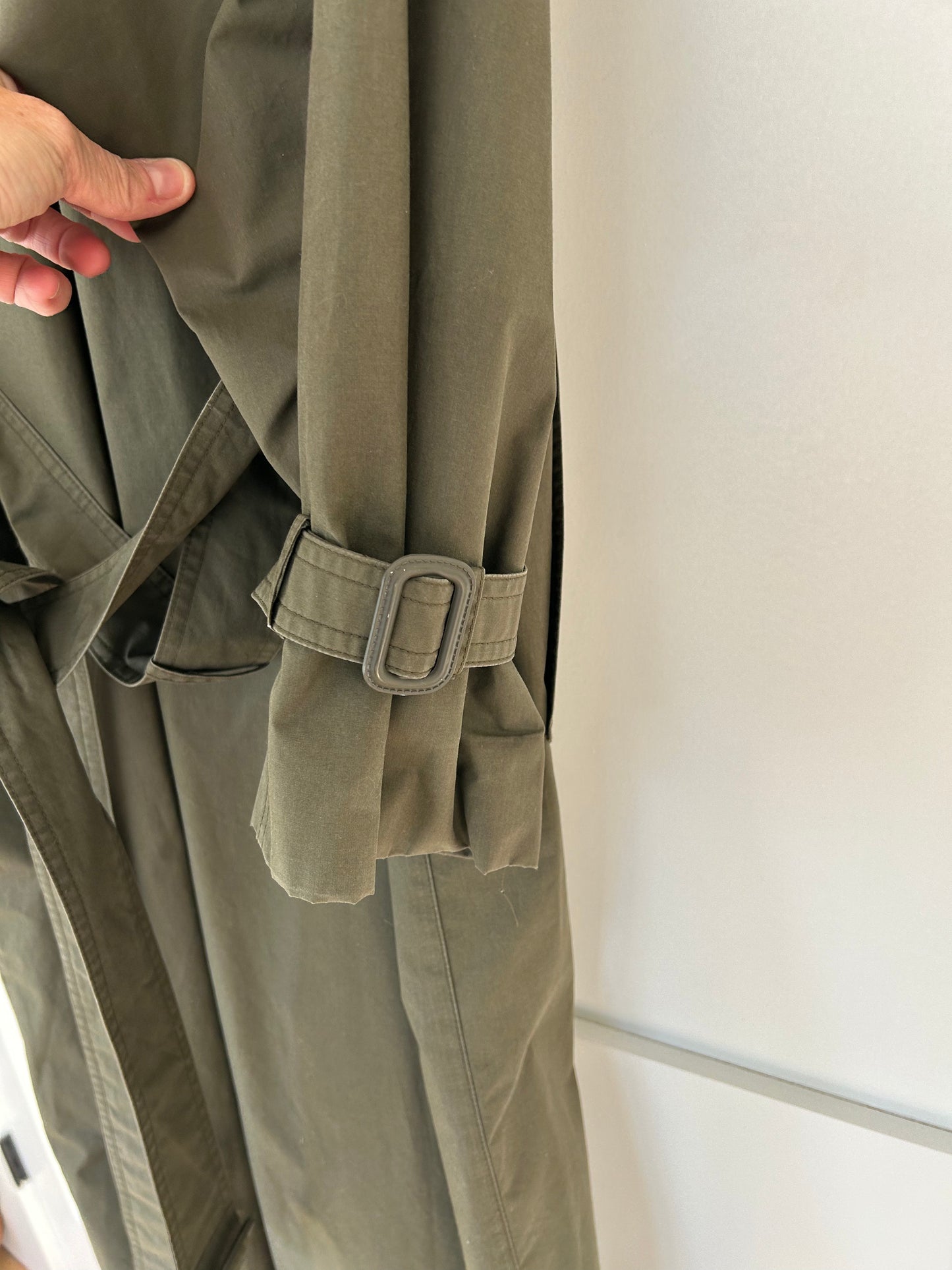 Olive Green Barn Trench Jacket with Removable Brown Leather Collar