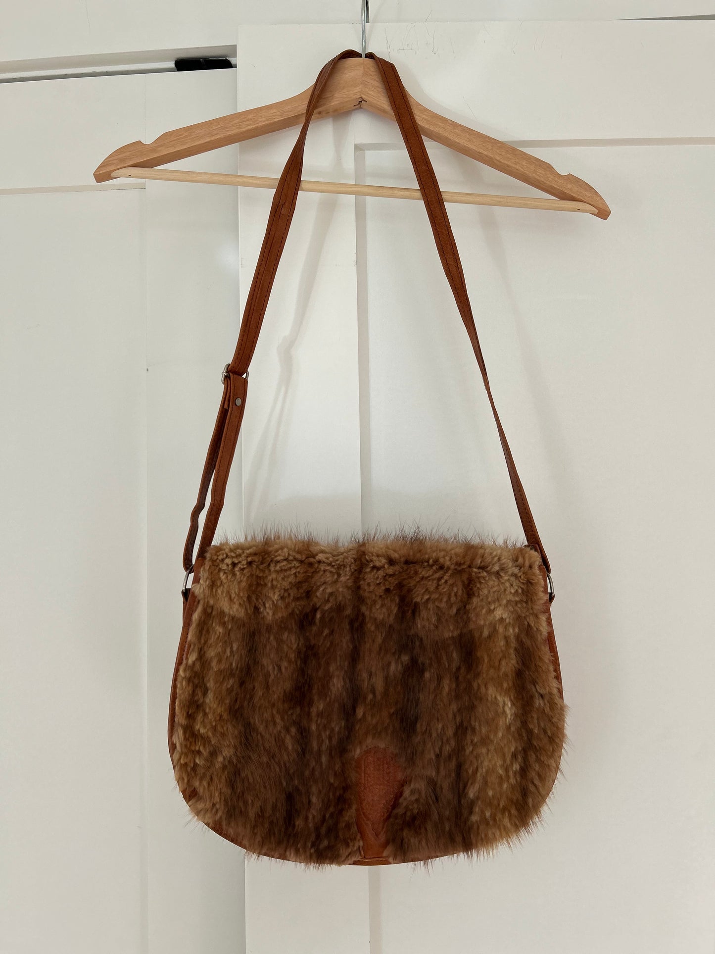 Vintage Brown Leather Animal Fur Shoulder/Crossbody Bag