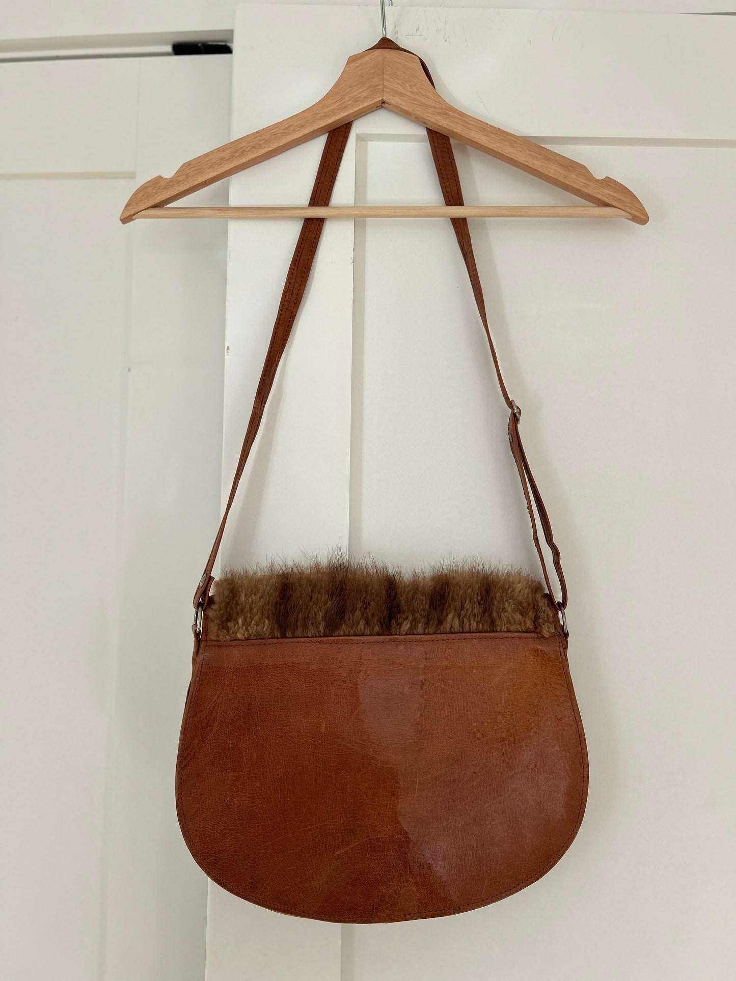 Vintage Brown Leather Animal Fur Shoulder/Crossbody Bag