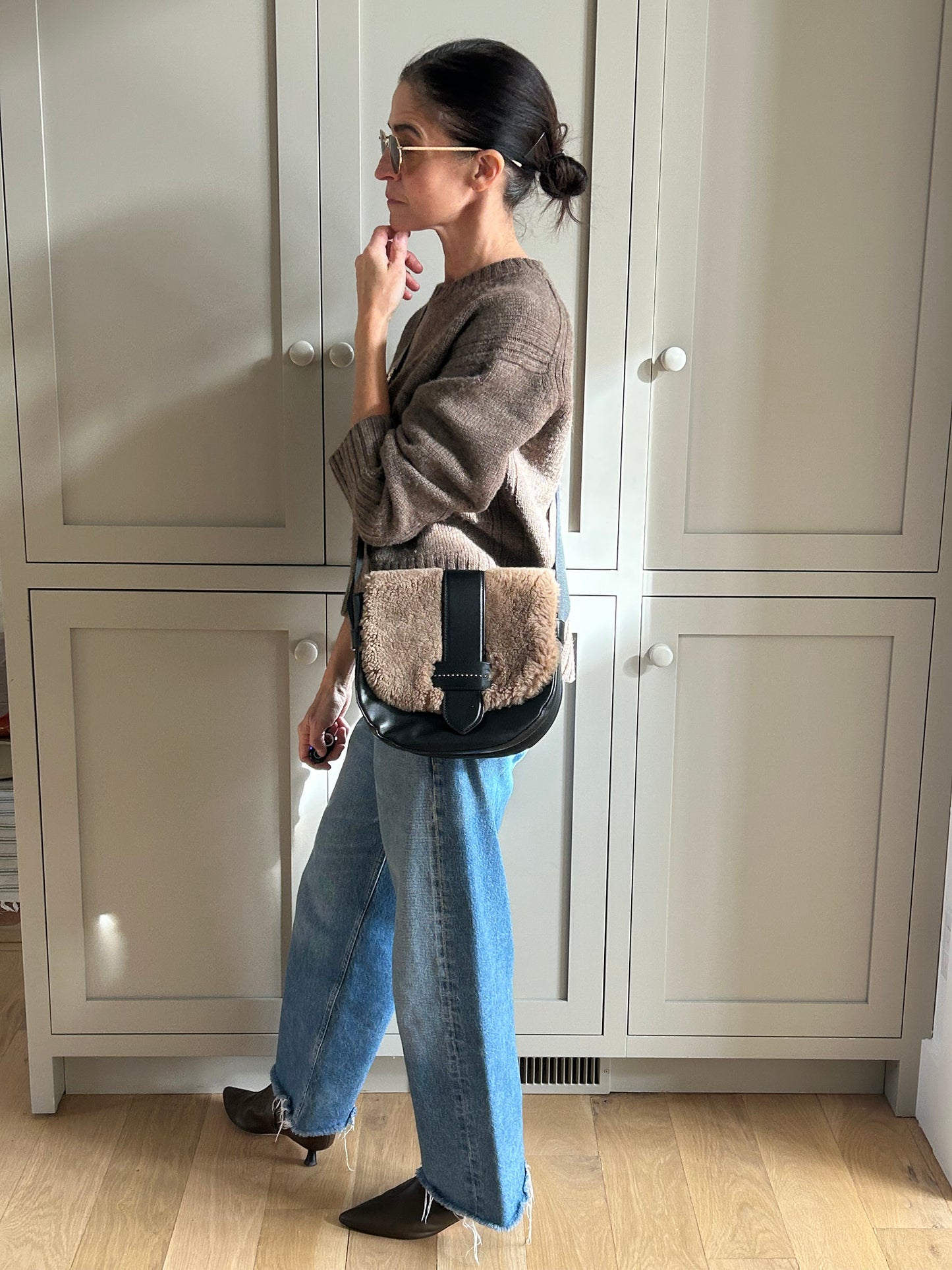 Peserico Dark Brown Leather Shearling Crossbody Bag