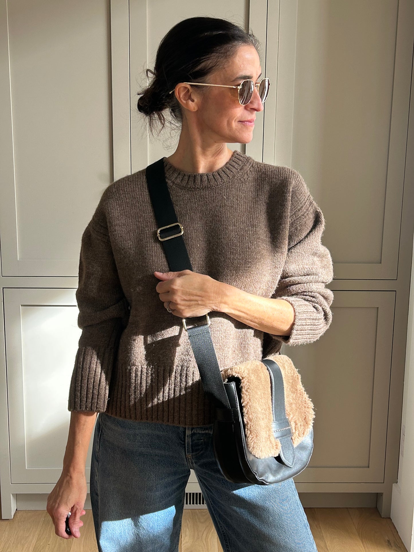 Peserico Dark Brown Leather Shearling Crossbody Bag