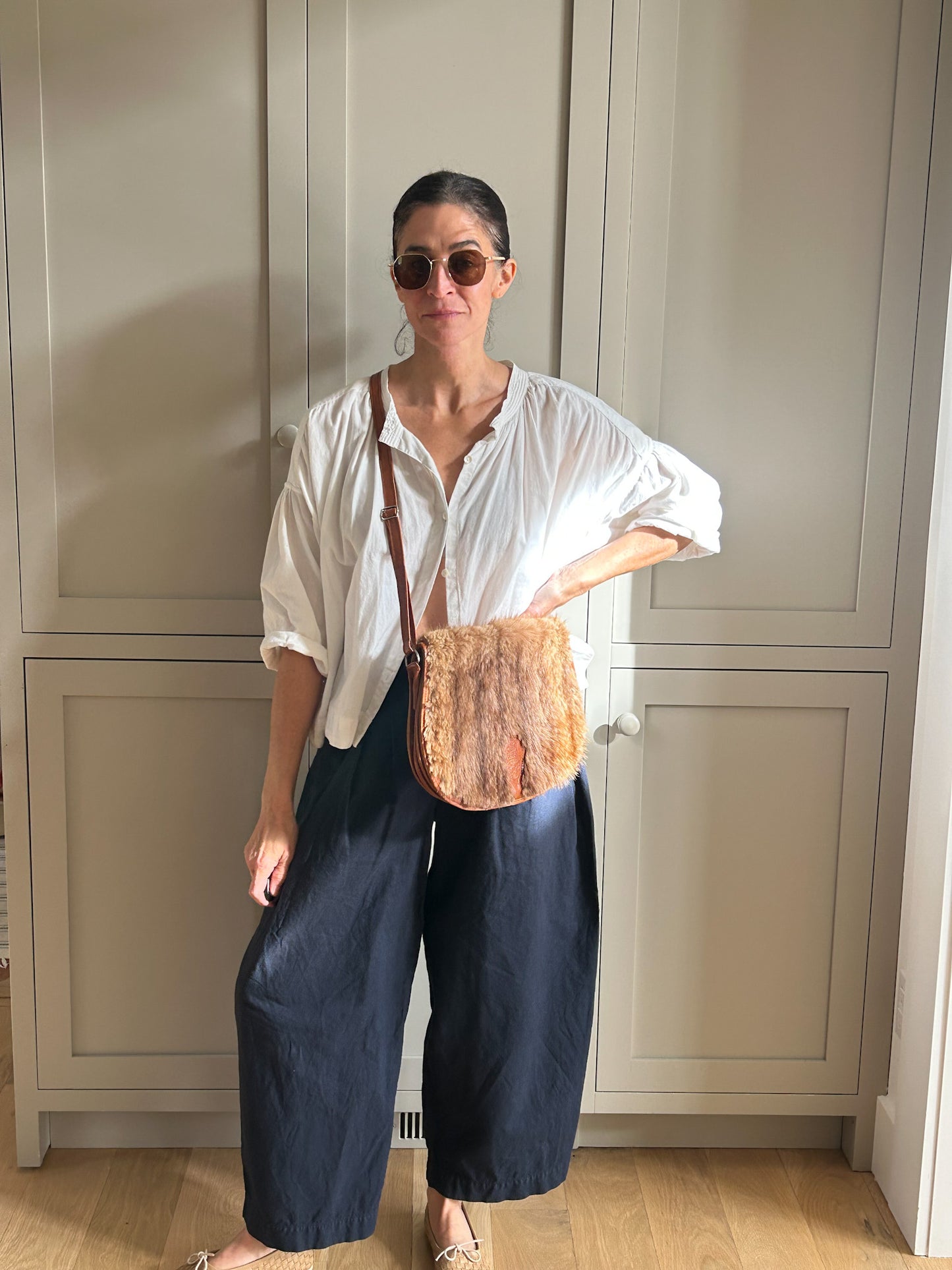 Vintage Brown Leather Animal Fur Shoulder/Crossbody Bag