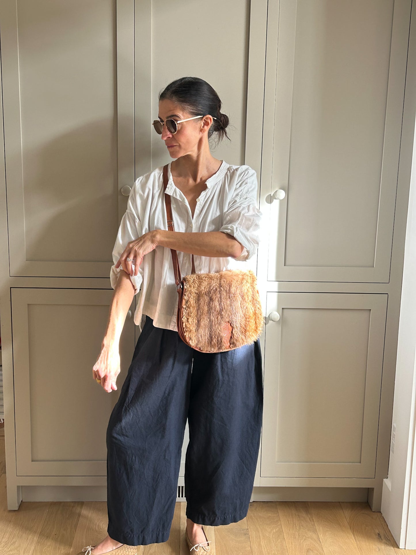 Vintage Brown Leather Animal Fur Shoulder/Crossbody Bag