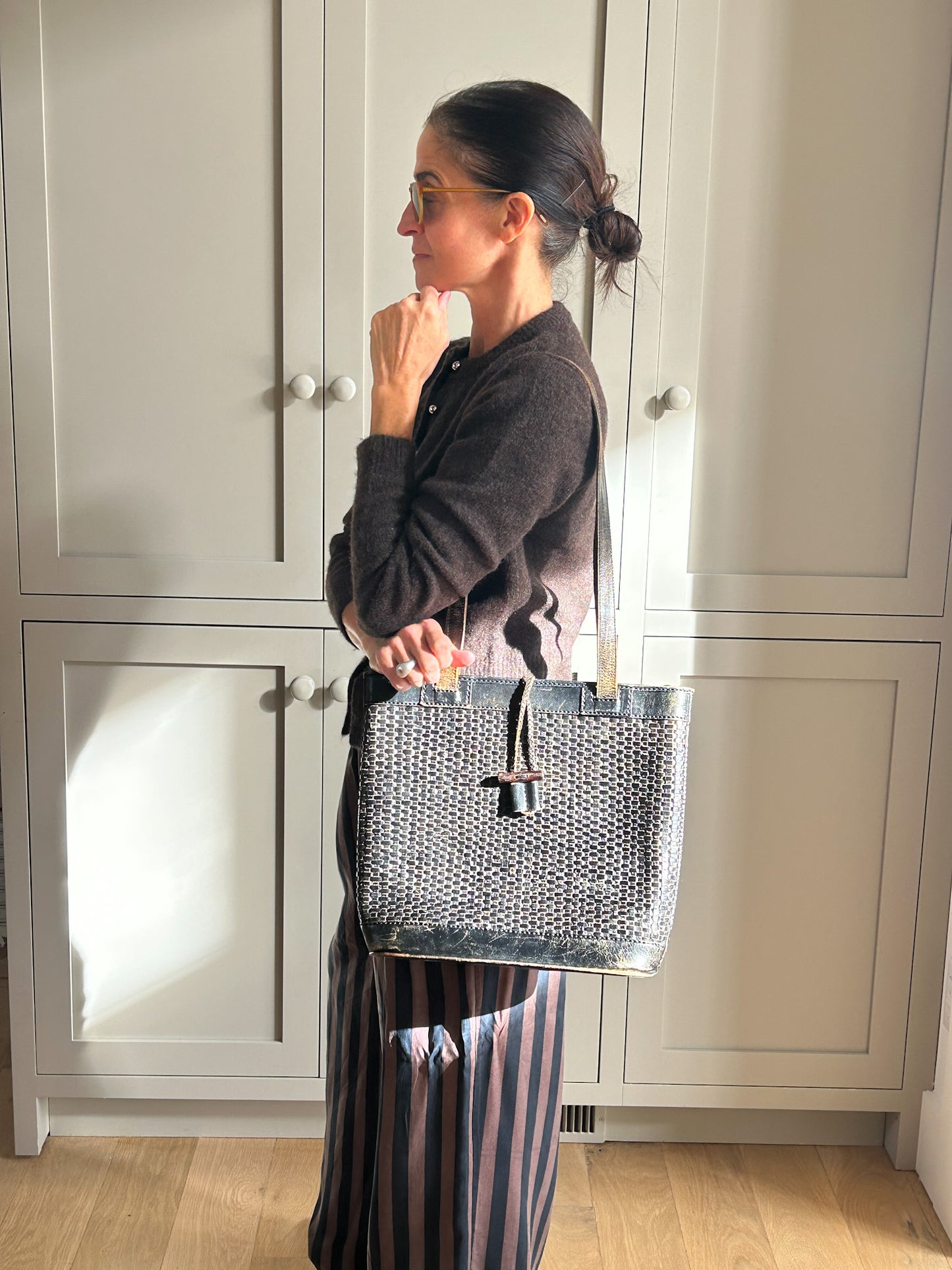 Bottoncina Chocolate Brown Woven Leather Tote Bag